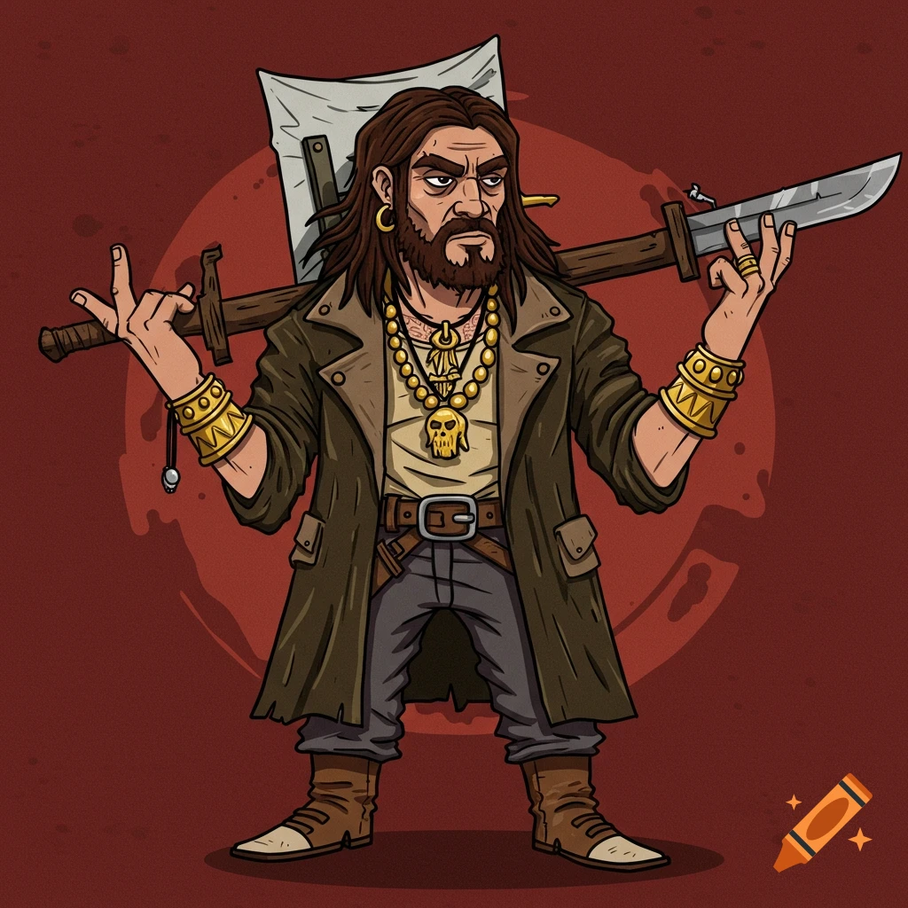 Cartoon character with long hair, beard, gold jewelry, holding sword and knife