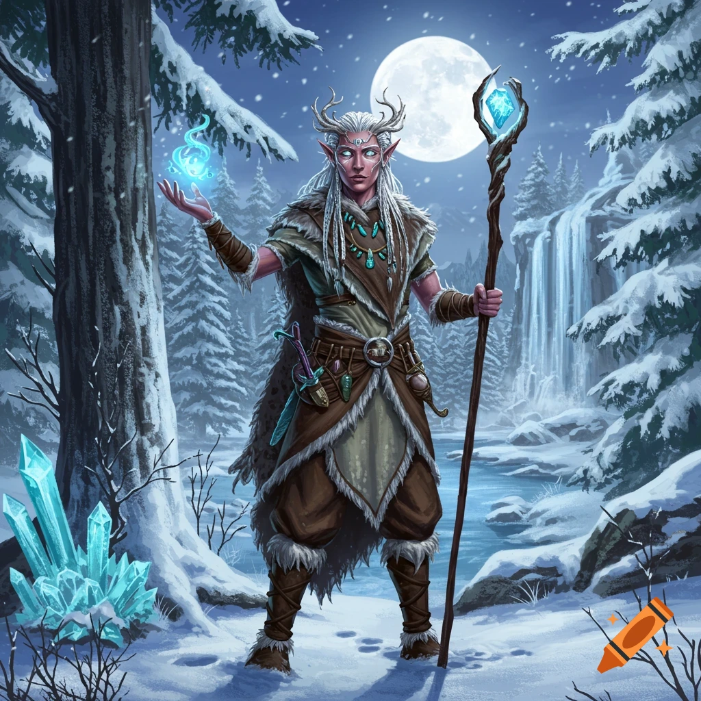 A fantasy character, a winter elf or druid, stands in a snowy forest under a full moon.