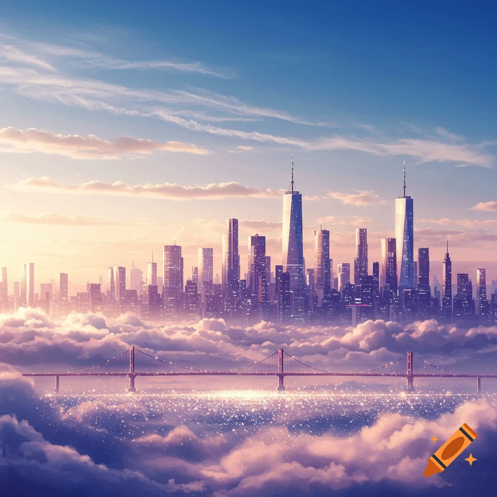 Fantasy city skyline rising from clouds with a bridge and glittering water below