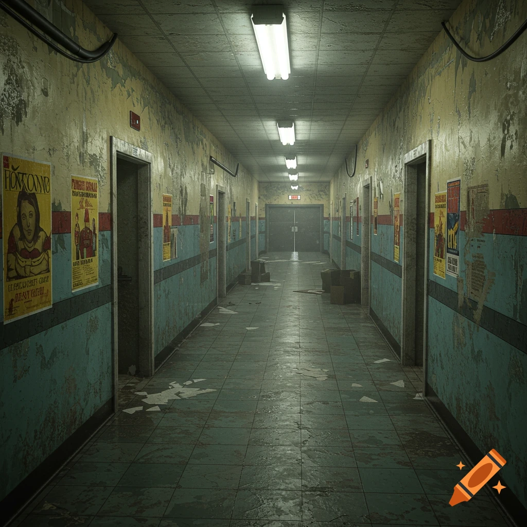 A long, derelict hallway with posters on the walls, tiled floor, and fluorescent lights. Photorealistic style.