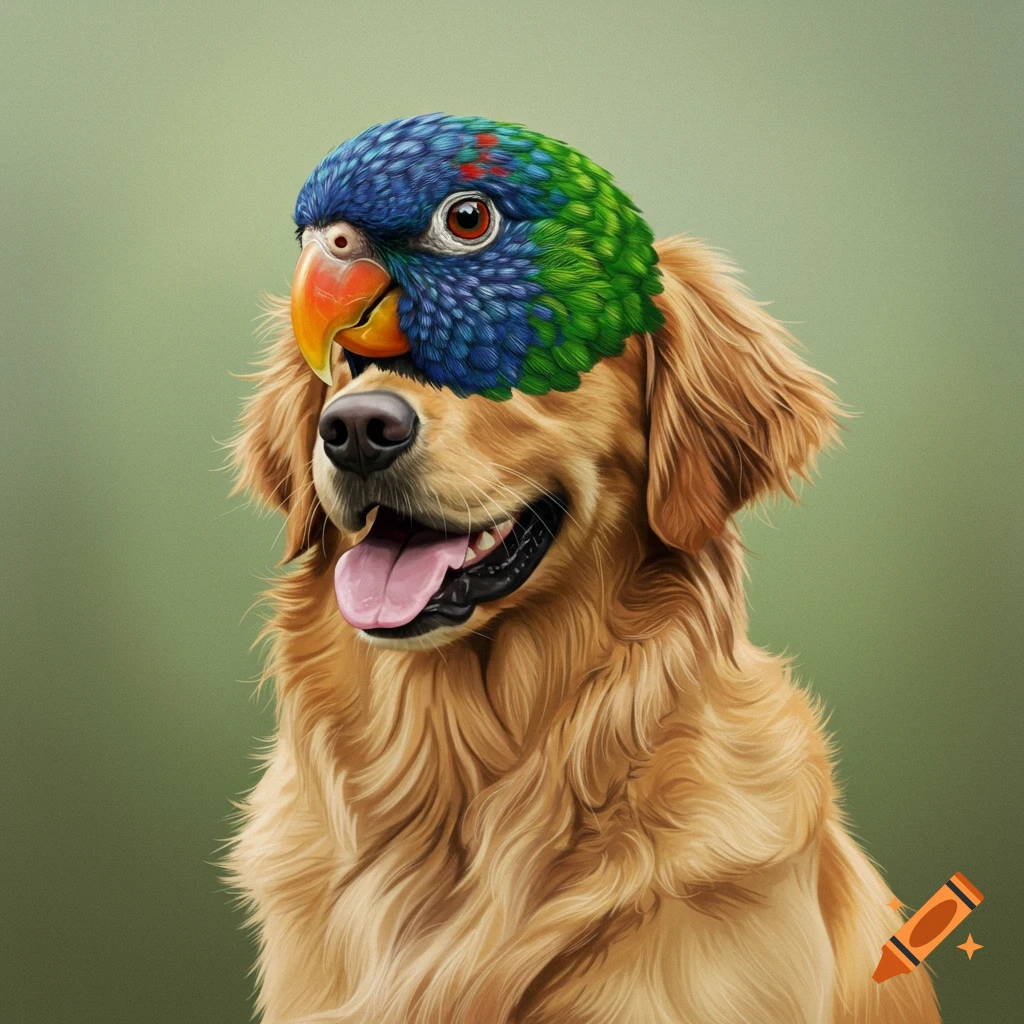 A surreal image of a golden retriever dog with a parrot's head against a green background.