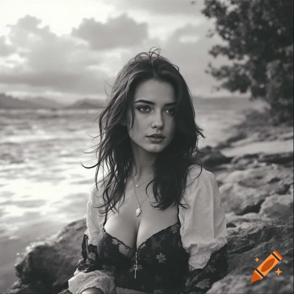 A grayscale photorealistic portrait of a young woman sitting on rocks by the water.