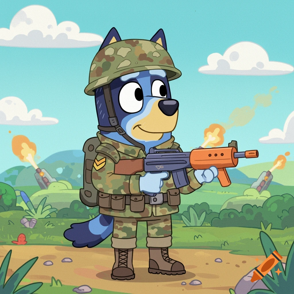 Cartoon dog character Bandit from Bluey in soldier uniform with rifle in battlefield scene.