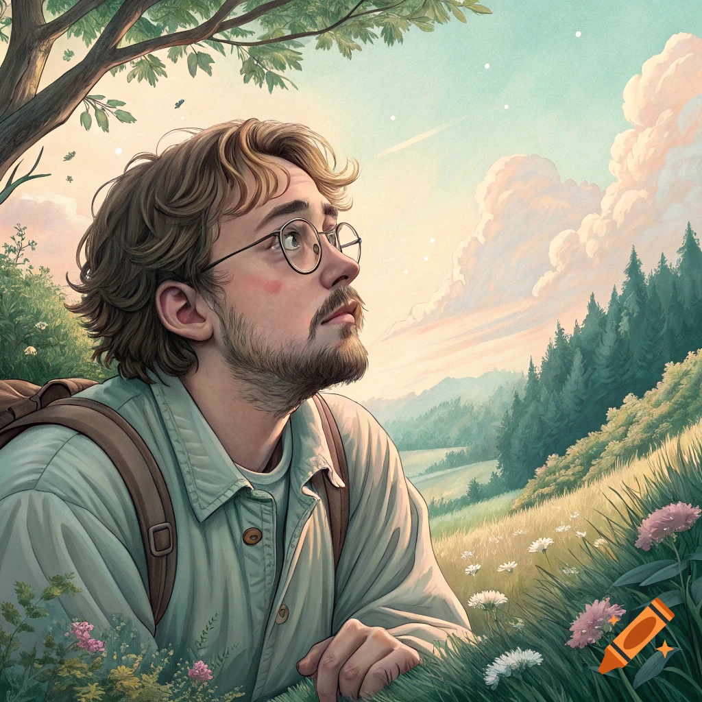 Illustration of a man with glasses lying in a field, looking up at the sky. Studio Ghibli style.