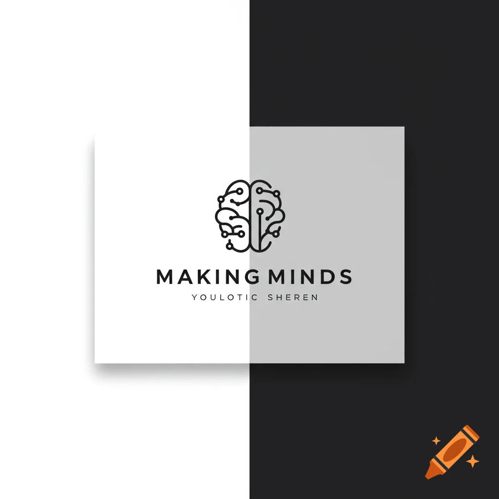 Minimalist logo with a brain graphic and text 'MAKING MINDS' on a split background.
