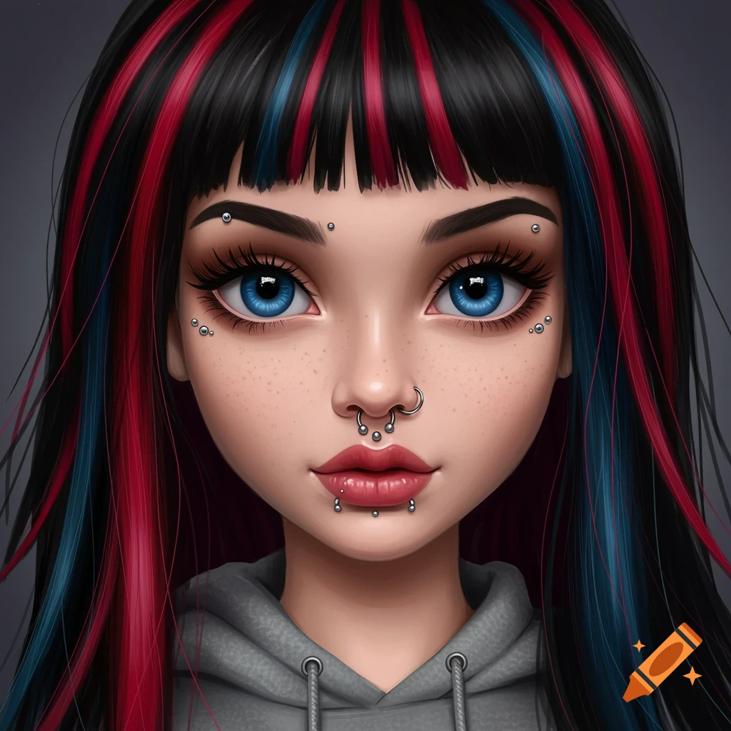 Portrait of a doll-like character with blue eyes, red and blue streaked hair, face and lip piercings, wearing a gray hoodie.