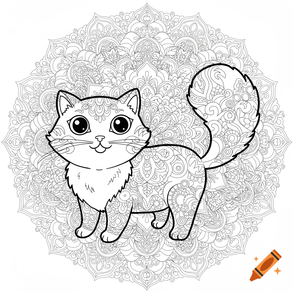 Line drawing of a cartoon cat standing on an intricate mandala, suitable for coloring.