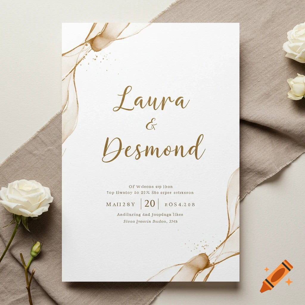 Minimalist wedding invitation card with gold watercolor, featuring names Laura and Desmond, on a surface with roses and fabric.