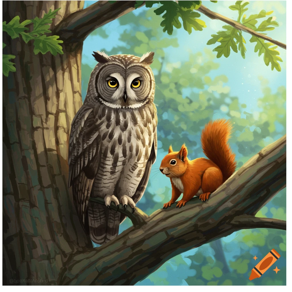 Illustrated owl and squirrel sitting on a tree branch.