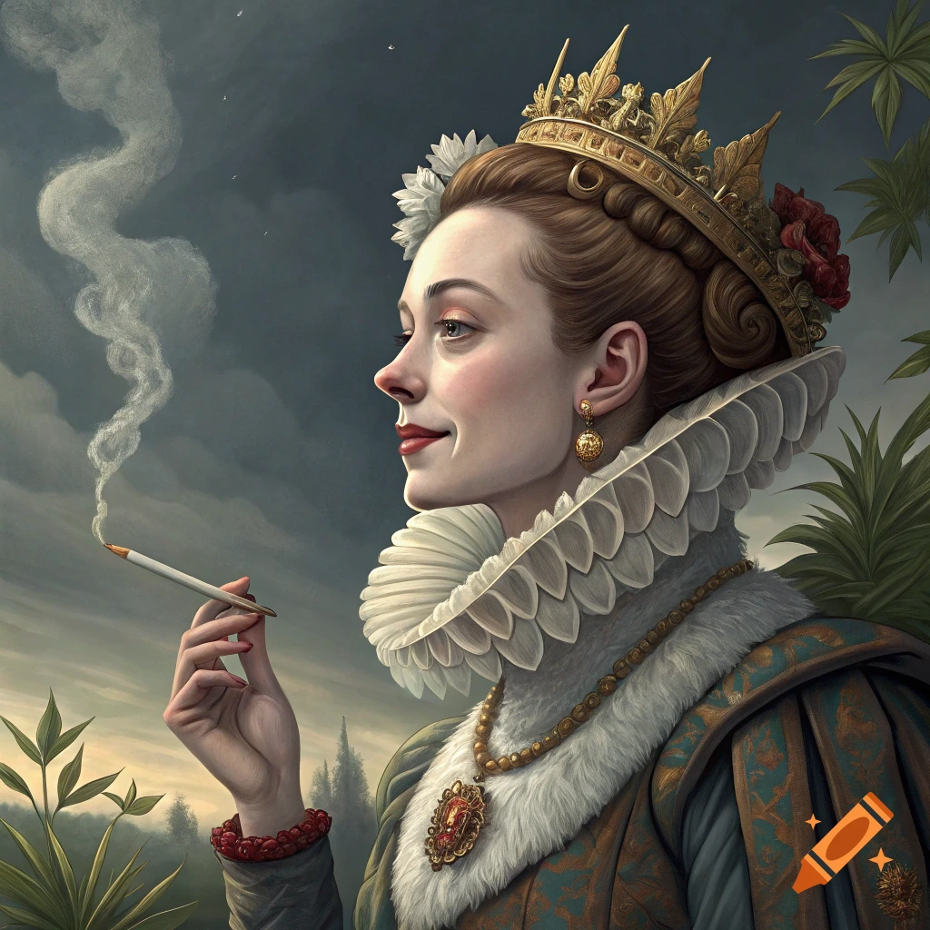 Portrait of a woman in historical clothing and crown smoking a cigarette against a cloudy sky.
