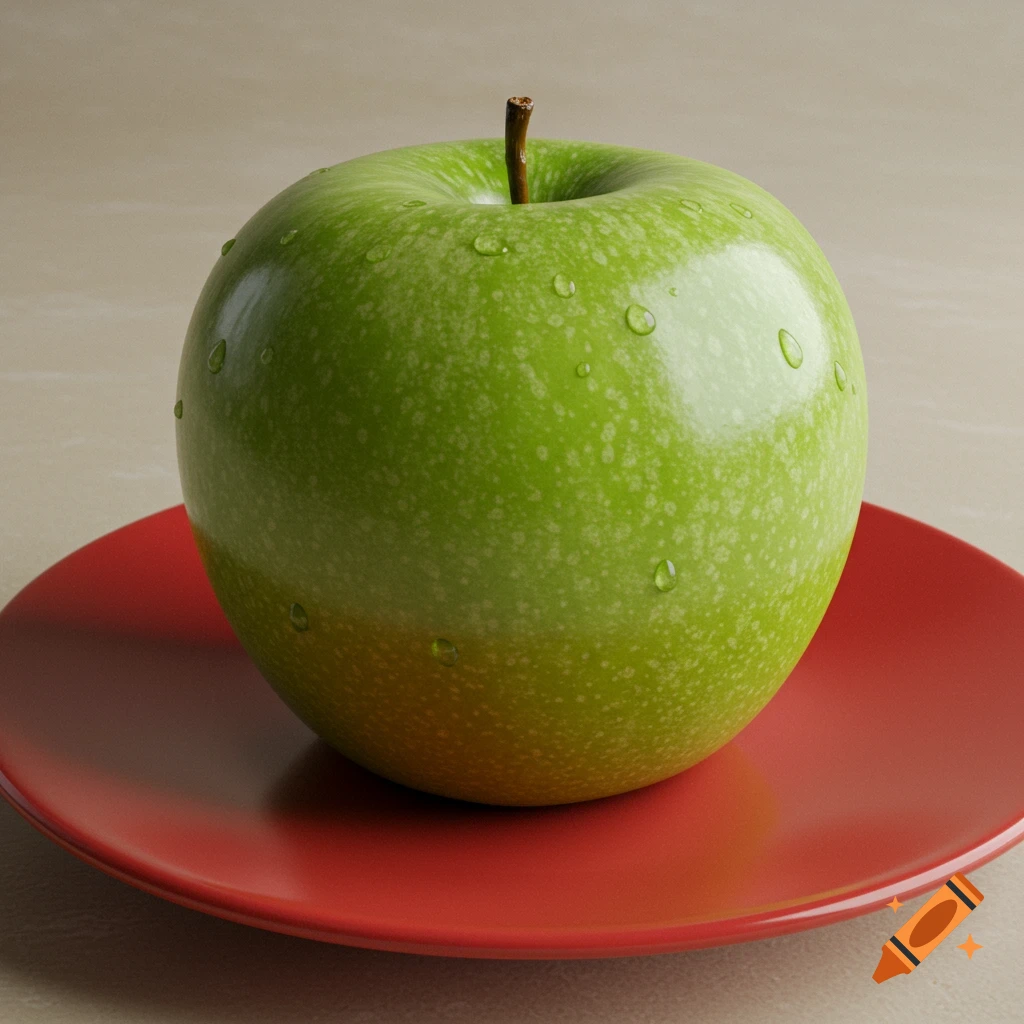 A green apple with water droplets sits on a red plate