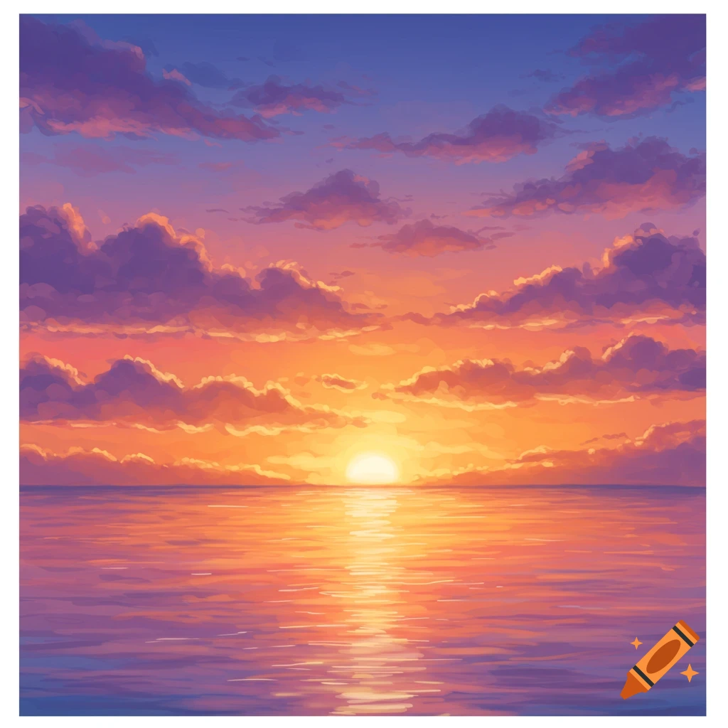 Colorful sunset over the ocean with clouds in a painterly style.