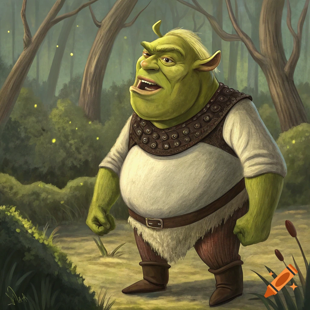 Shrek standing in a forest clearing