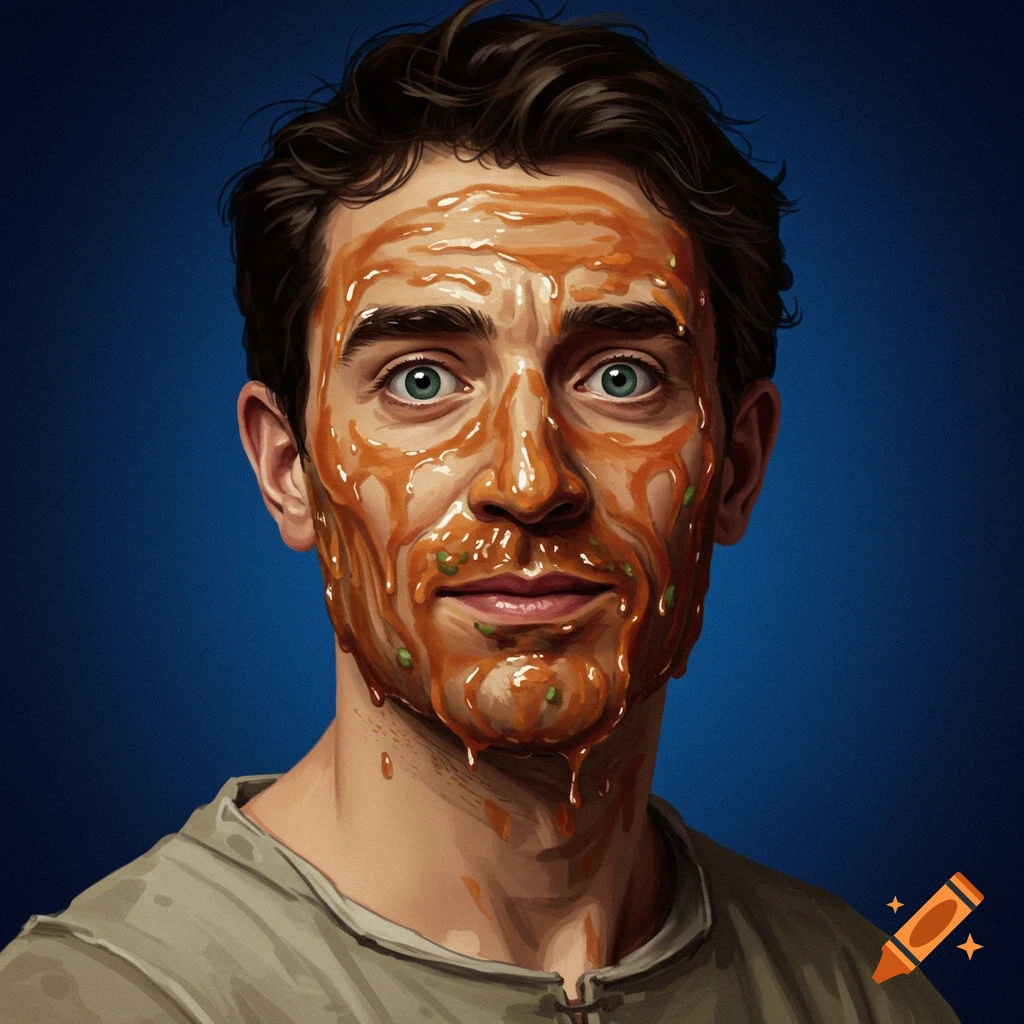A man's face is covered in thick orange sauce with green pieces.
