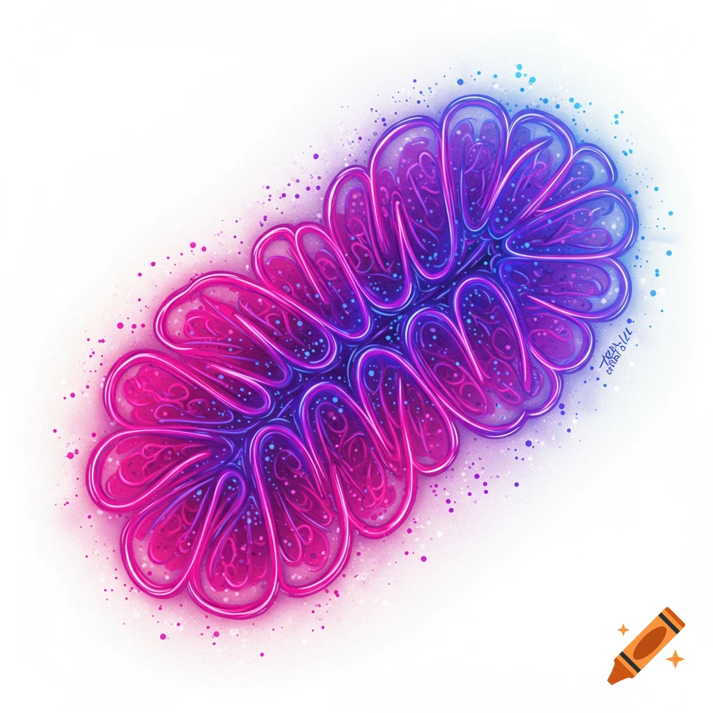 Abstract illustration of a mitochondria-like shape in bright pink and purple neon colors with splatters