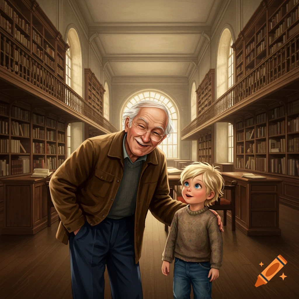 An illustration of a smiling old man with a boy in a large library.