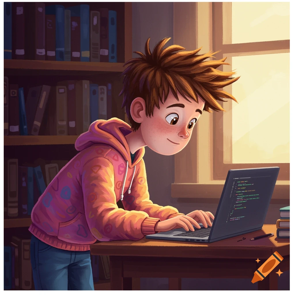 Cartoon illustration of a boy smiling and typing on a laptop in a library
