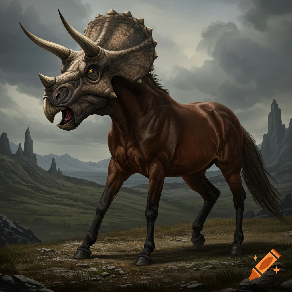 A creature with a horse body and a triceratops head stands on a grassy plain with rocky peaks in the background.