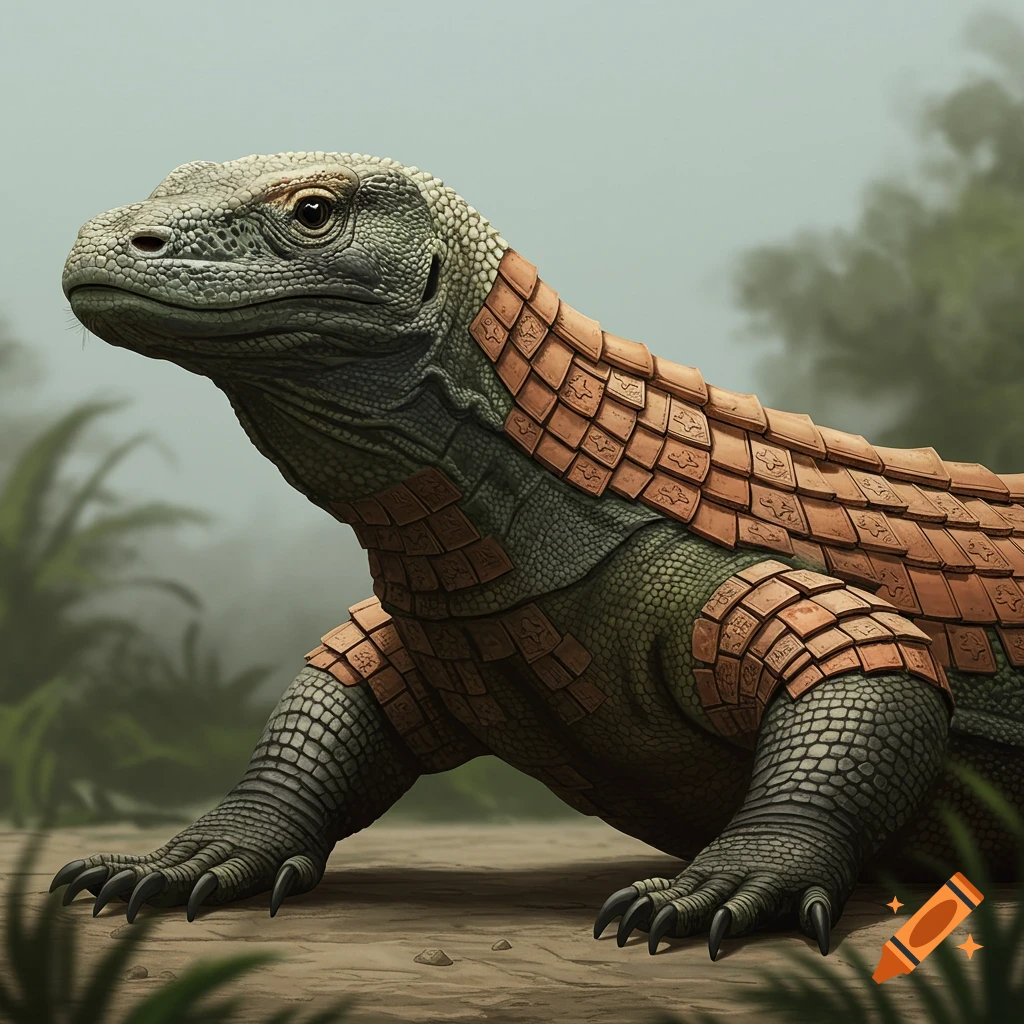 A fantasy creature resembling a Komodo dragon with scales like roof tiles in a misty jungle.