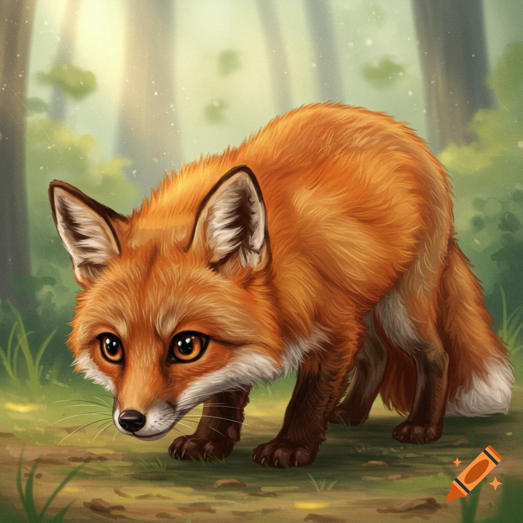 An illustration of a fox in a forest.