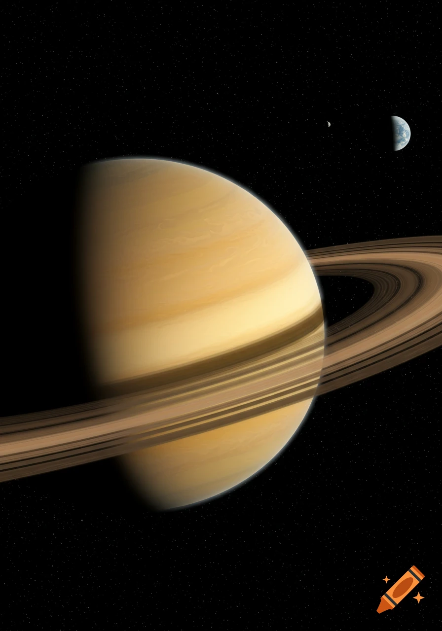 Saturn and its rings seen from space with Earth and the Moon in the distance.