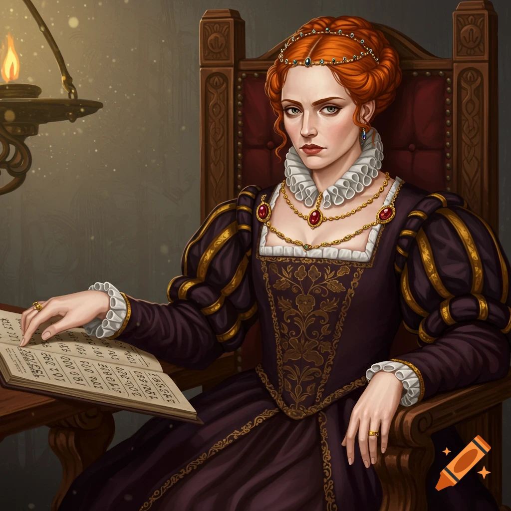 A portrait of a queen in historical attire sitting in a chair and looking at a book.