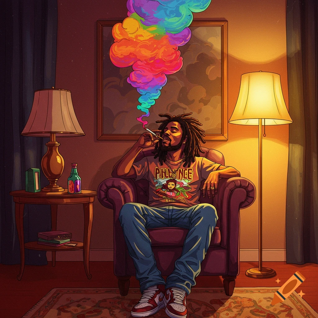 Stylized art of a Black man with dreadlocks sitting in an armchair, smoking, with colorful smoke rising.