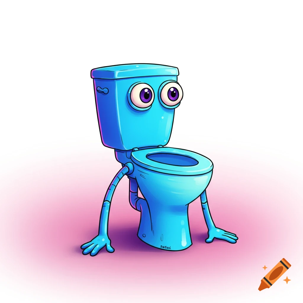 Cartoon blue toilet character with big eyes, arms, and hands