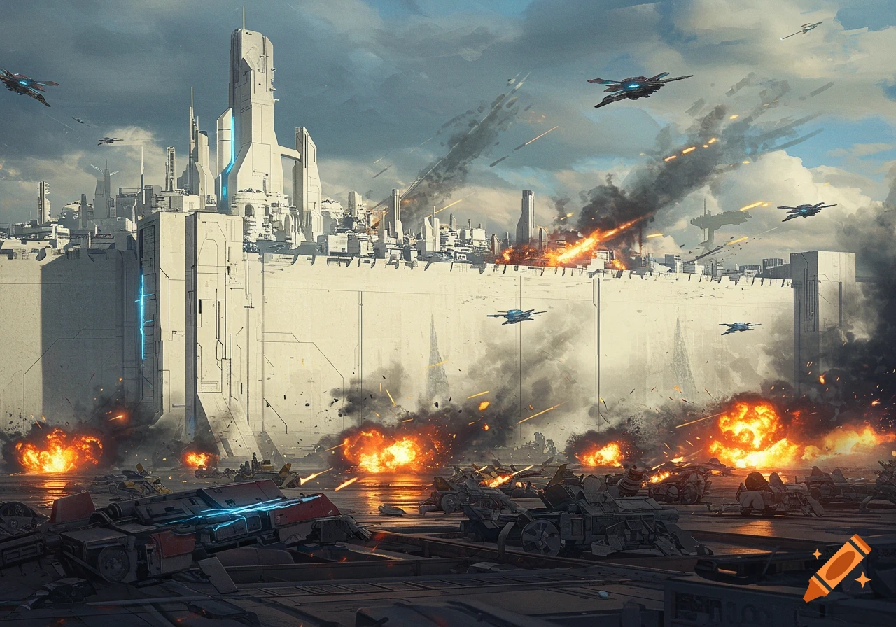 Futuristic city wall under attack with spaceships, explosions, smoke, and battlefield debris.