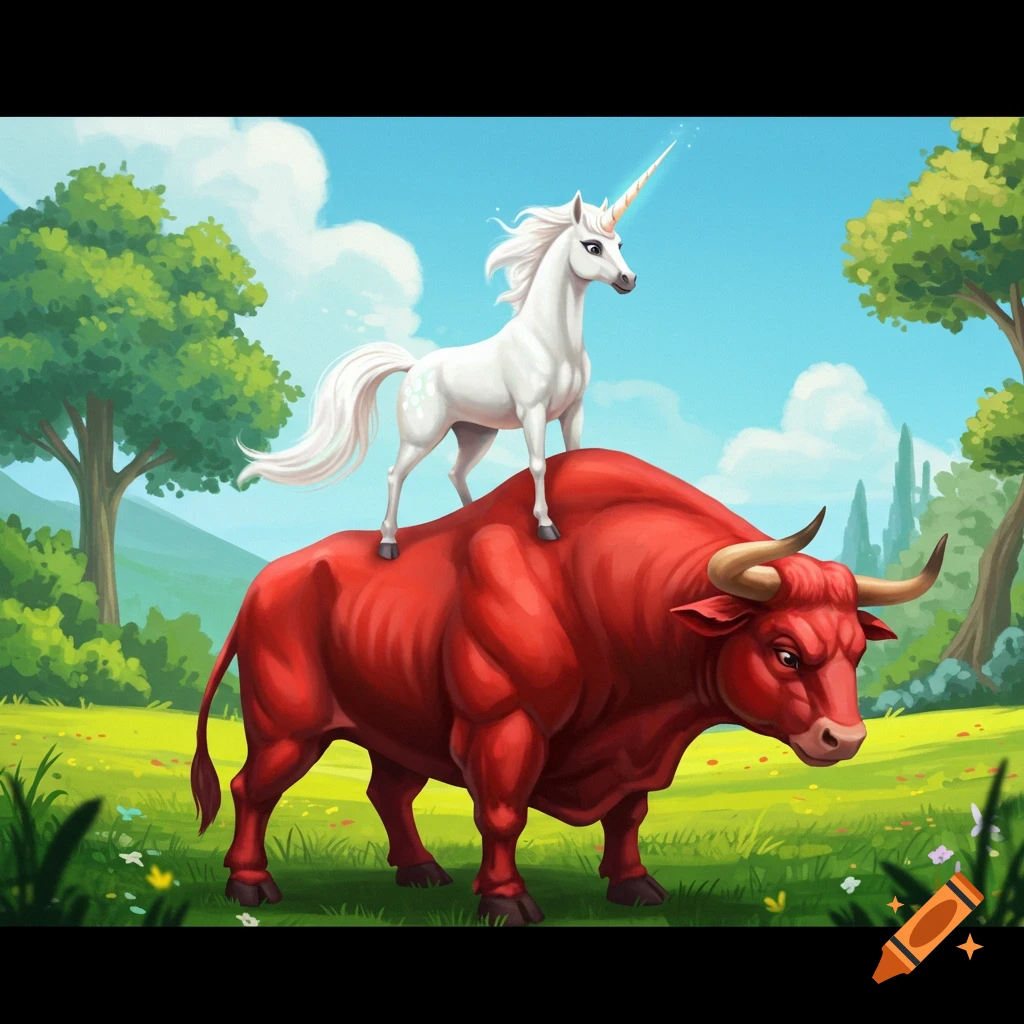 A white unicorn stands on the back of a large red bull in a grassy field. The style is illustrative.