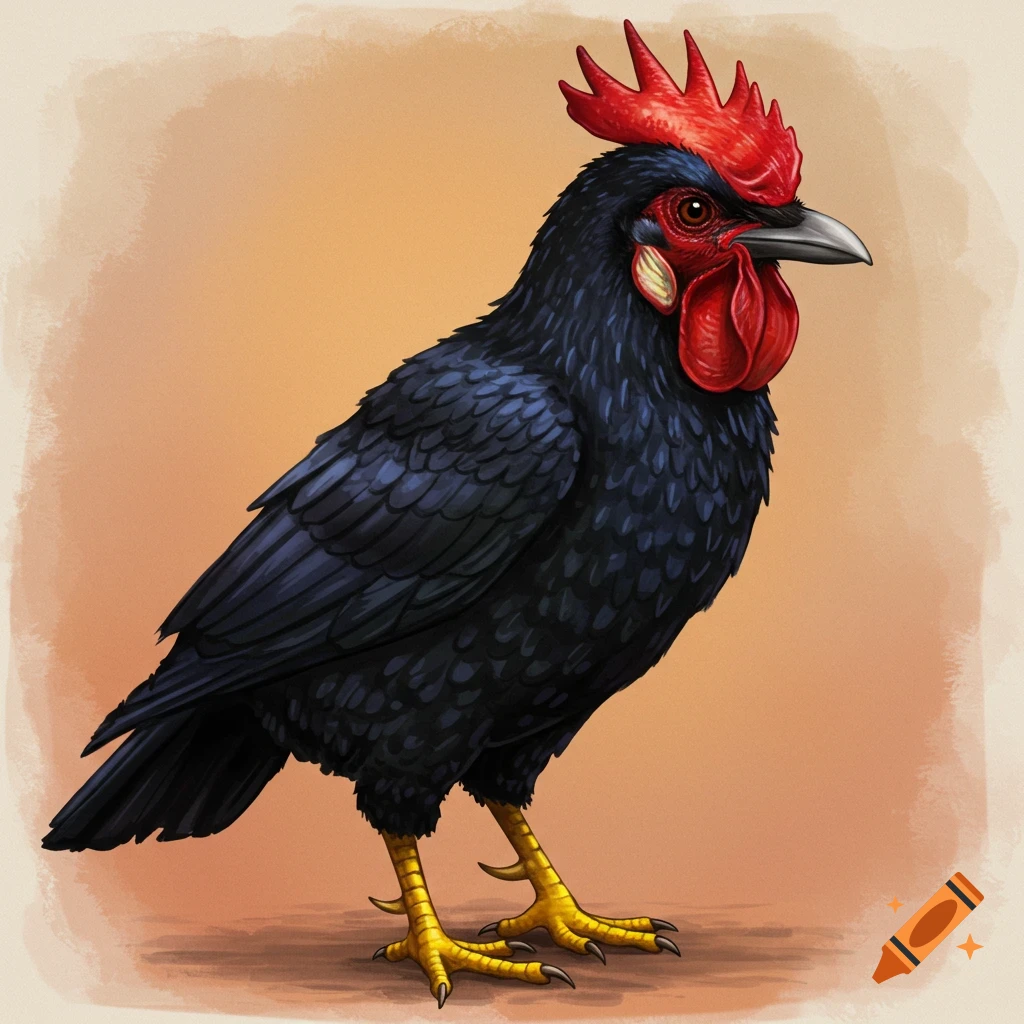 Illustration of a black bird with red rooster comb and wattle standing.