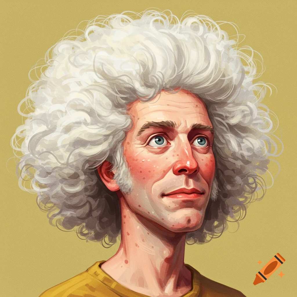 Illustration of a man with large white curly hair looking up.