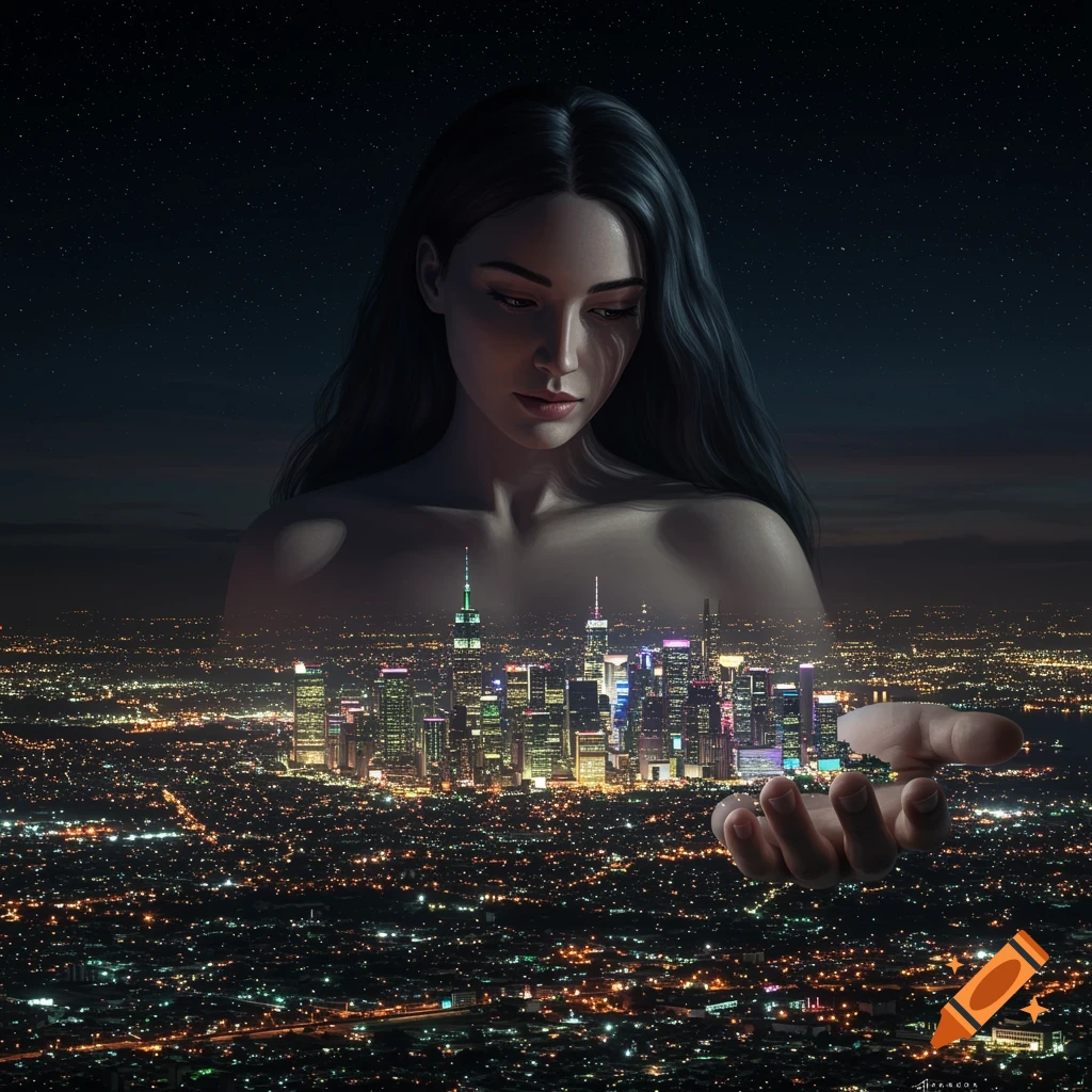 Photorealistic image of a giant woman holding a tiny illuminated city in her hand high above a vast landscape at night.