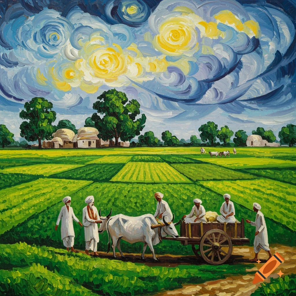 Rural landscape with farmers, ox cart, and fields in a painting style.