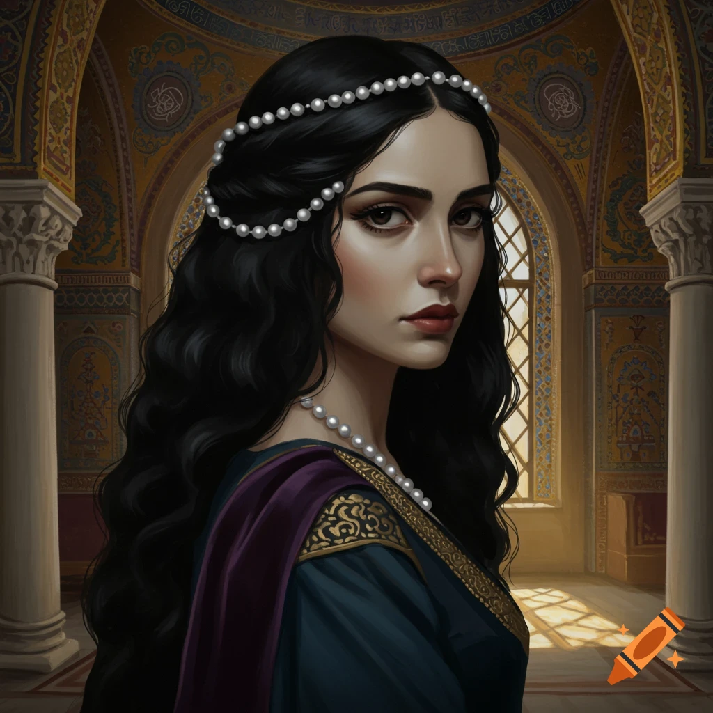 Portrait of a woman with black hair and pearls in an ornate interior.