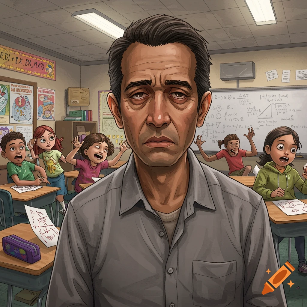 Illustration of a stressed teacher in a classroom with chaotic children in the background.