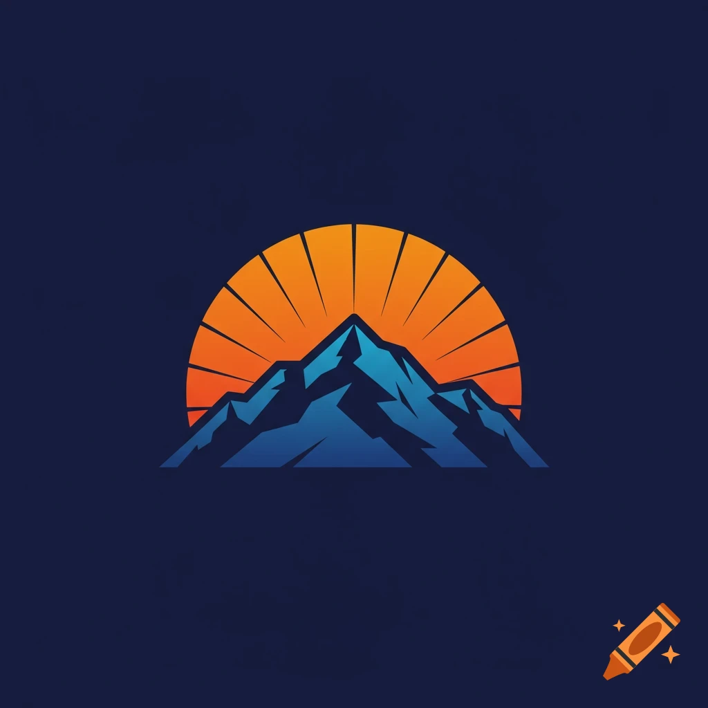 Logo featuring blue mountains and an orange sun rising.