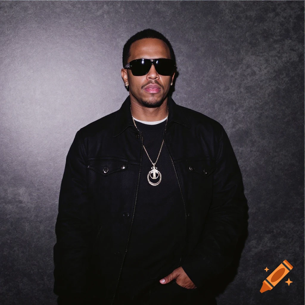A man wearing sunglasses, a black jacket, and a large necklace poses against a dark background.