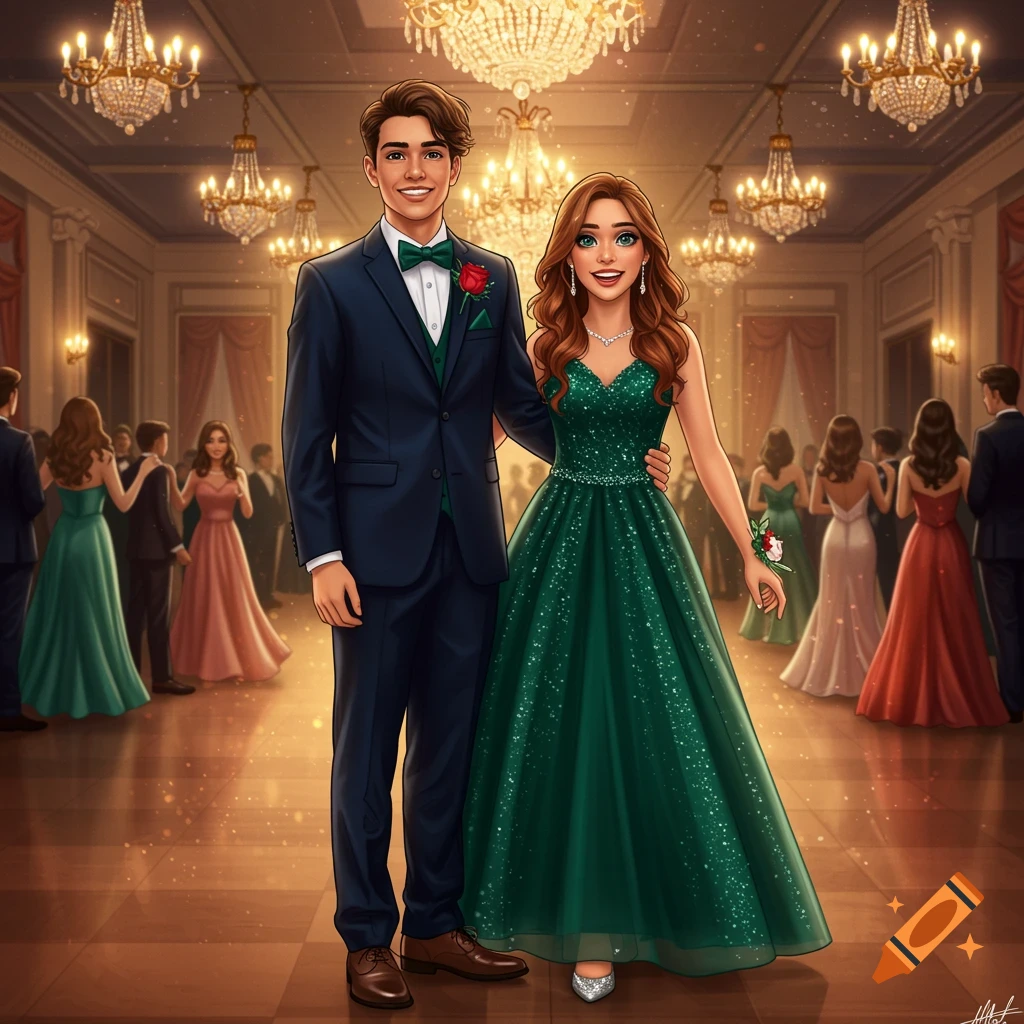 Smiling teenage couple dressed formally for prom in a ballroom, illustration style.