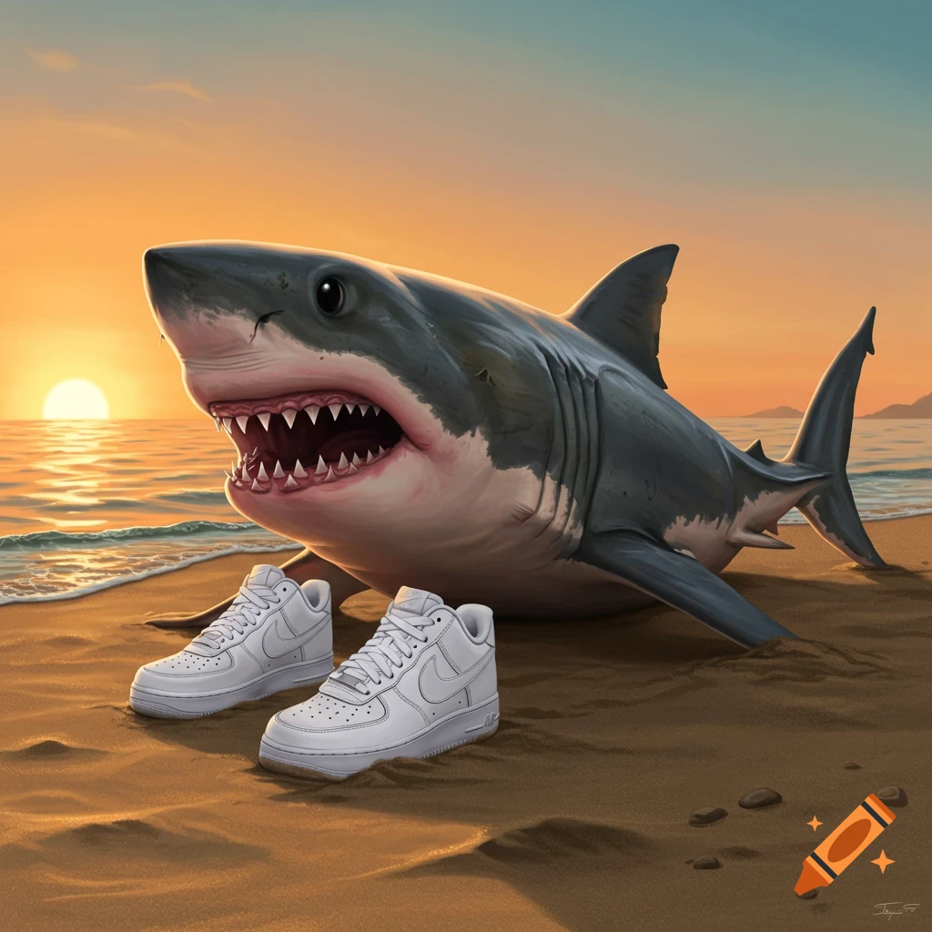 A shark wearing white Nike sneakers stands on a beach at sunset.