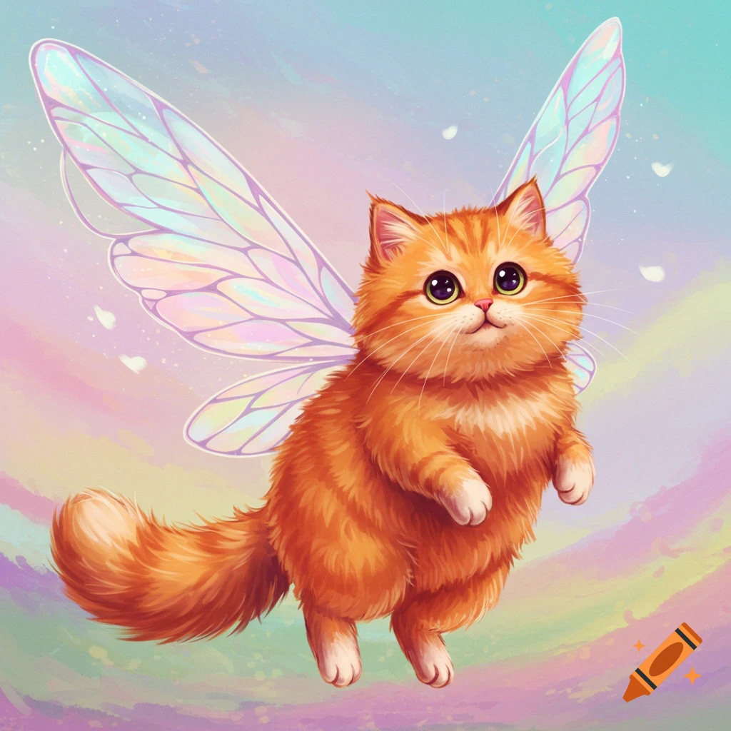 A cute, fluffy orange cat with translucent fairy wings floats in a pastel sky illustration.