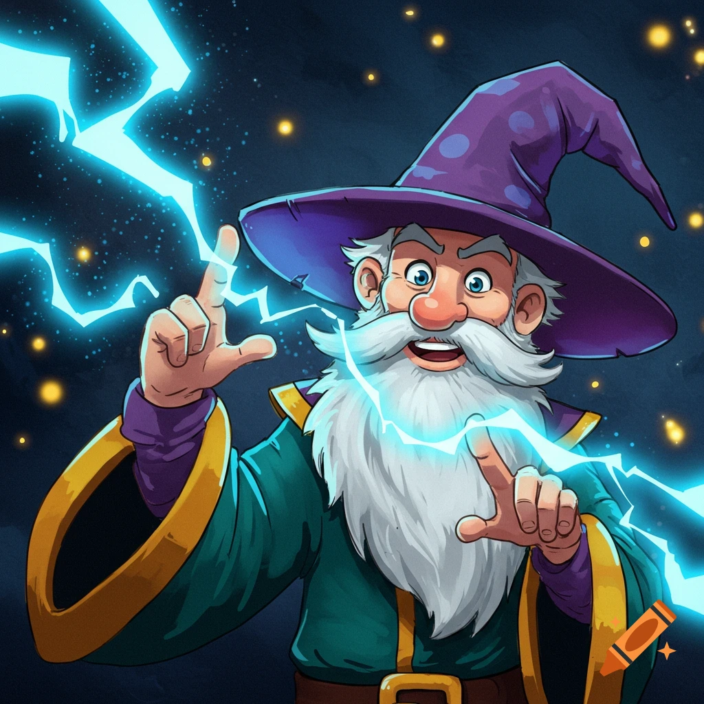Cartoon wizard casting lightning from his fingertips.