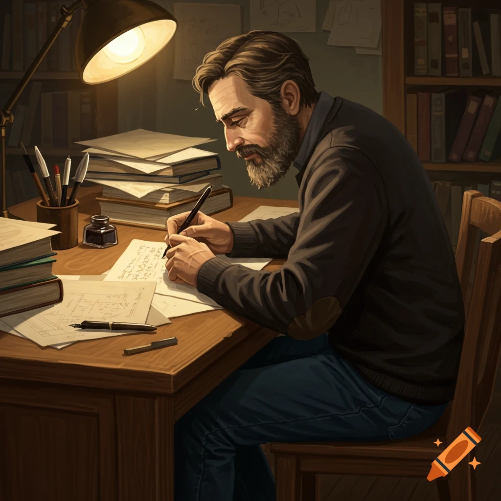 Illustration of a bearded man writing at a desk with books under a lamp.