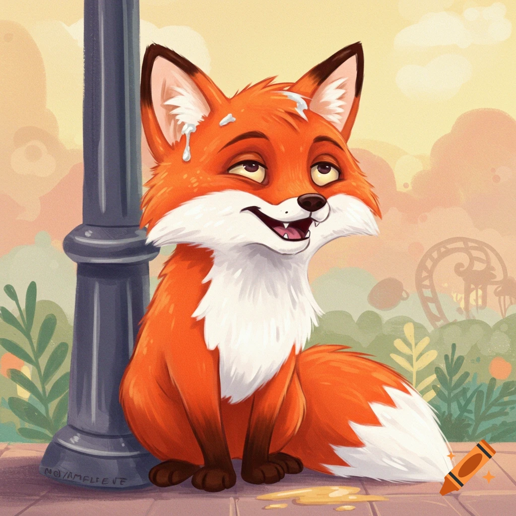 Cartoon illustration of a dizzy orange fox sitting by a lamppost with spilled liquid.