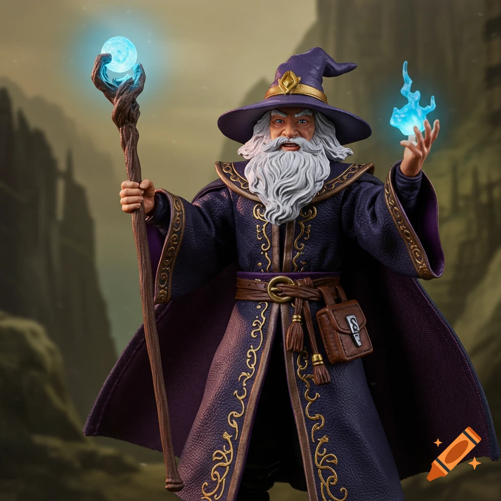 Action figure of a wizard in purple robes holding a glowing staff and blue magic.