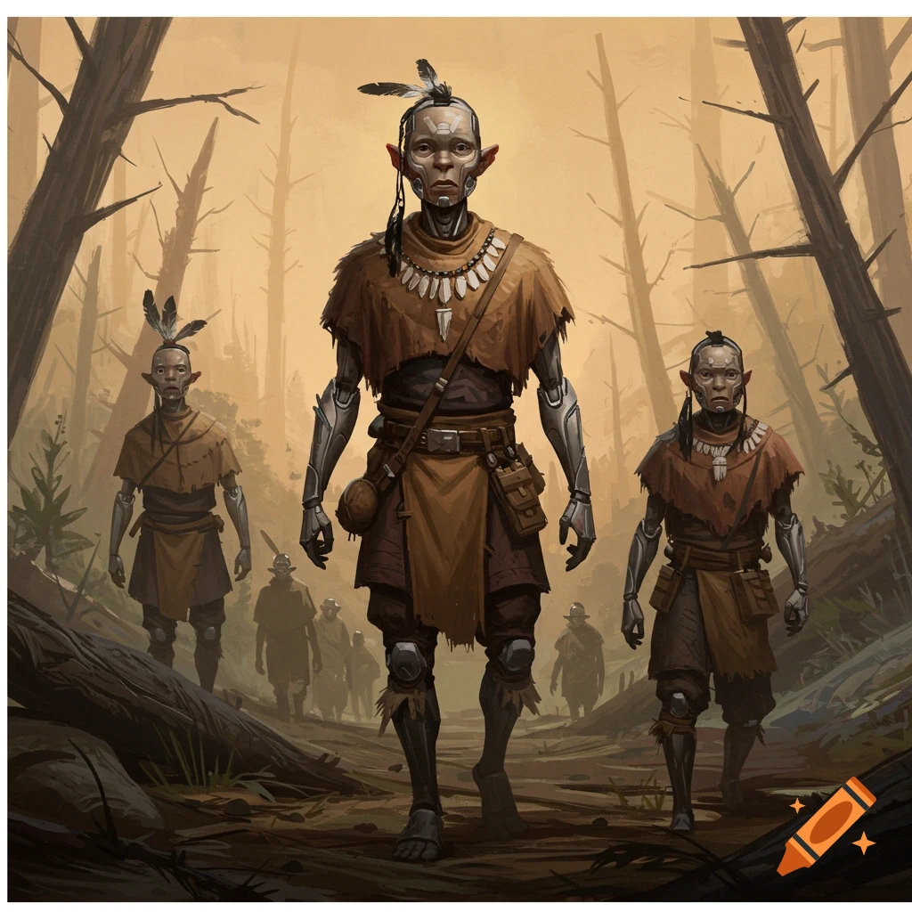 Three figures with tribal clothing and robotic limbs walk through a forest.