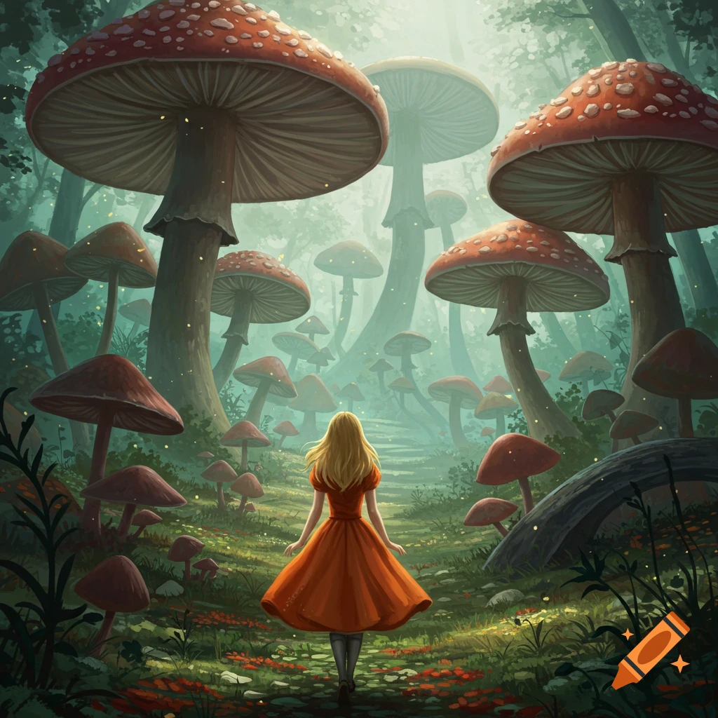 A girl in an orange dress walks toward a path in a fantasy forest filled with giant mushrooms.