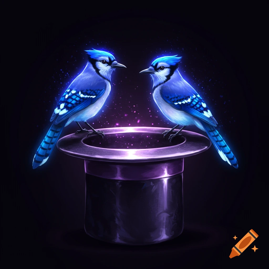 Two luminescent bluejays perched on a purple magician's hat with magical sparkles.