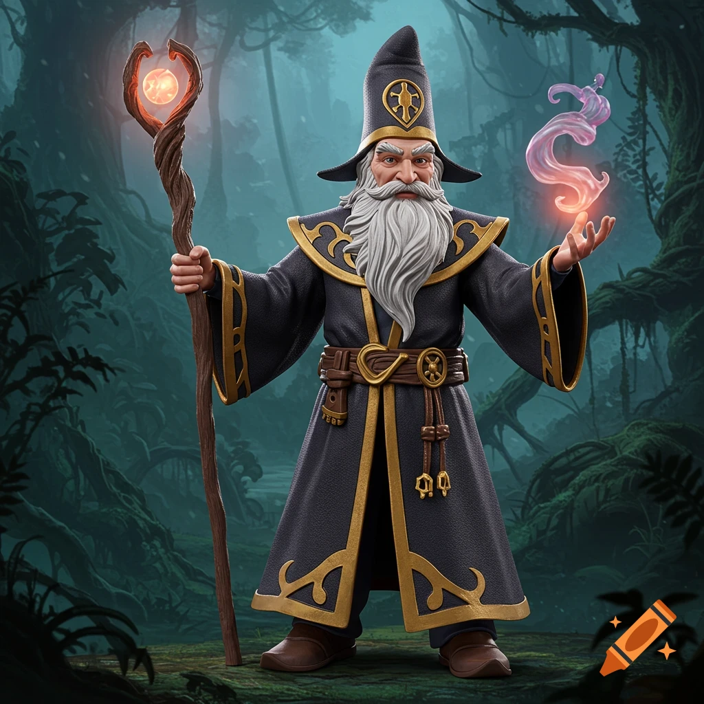 Action figure of a wizard holding a staff and casting a spell in a forest