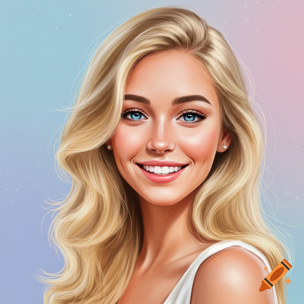 Smiling blonde woman with blue eyes.